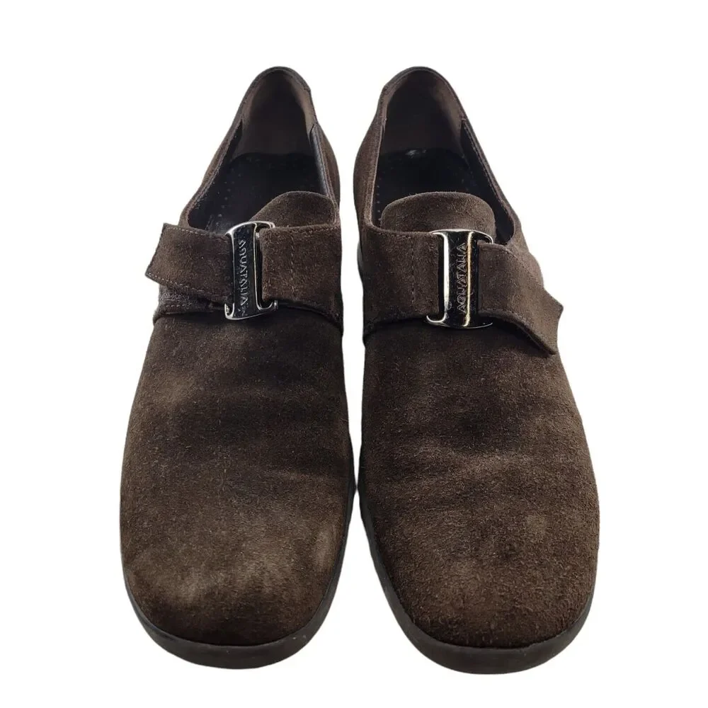 Aquatalia Women's Suede Slip On Wedge Heel‎ Loafers Size 6 Dark Brown